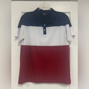Mens Size M short Sleeve Casual Polo Shirt Red White Blue Striped patriotic Flag